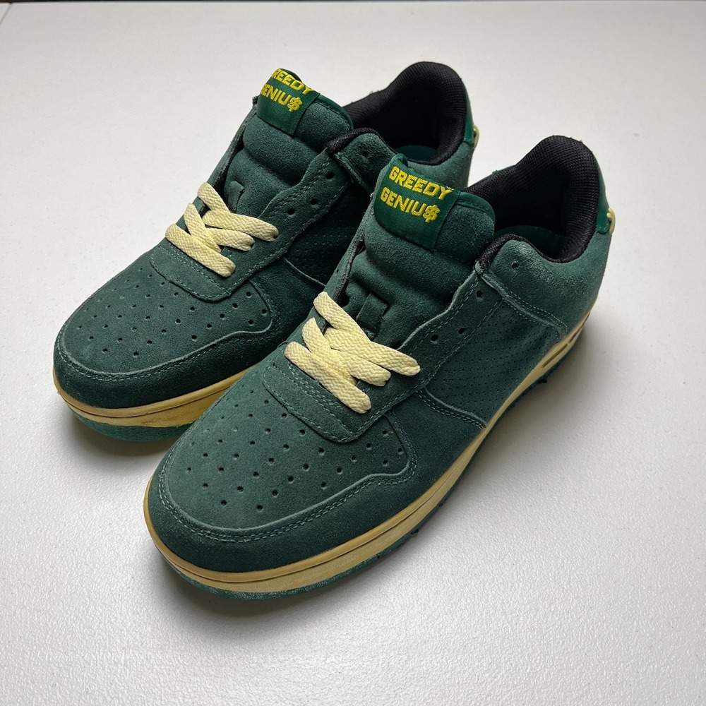 Greedy Genius The Root of all Level Sneakers Mens Size 9 Green Suede Perforated